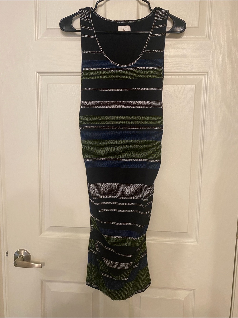 a:glow Black Sleeveless Midi Dress with Blue, Green & Silver Stripes